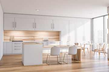Panoramic wooden kitchen corner with table and bar