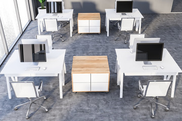 Top view of gray open space office or classroom