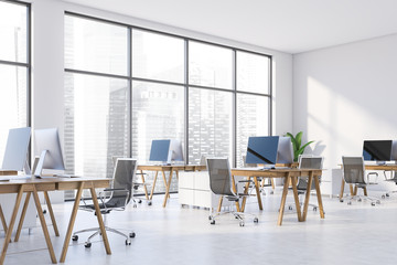 Panoramic white office corner with cityscape