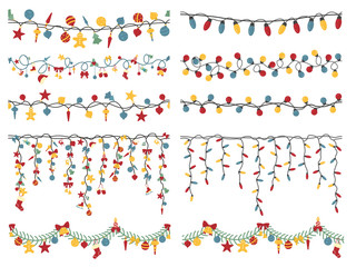 Fototapeta na wymiar Christmas light garlands set. Colour isolated design seamless pattern. New year winter collection