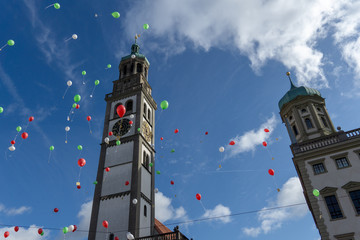 Turamichele celebration with ballons in front of Perlach tower in Augsburg, Germany, Bavaria - obrazy, fototapety, plakaty