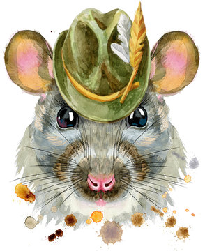 Watercolor portrait of rat in green hat with splashes