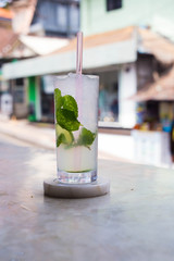 Exotic Cocktails on the bar at a vacation location, colorful