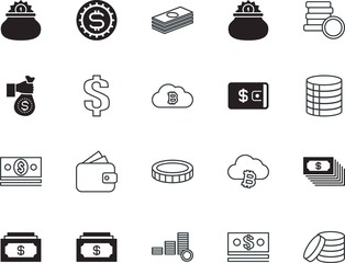 Plakat cash vector icon set such as: website, logo, credit, template, cost, interface, button, giving, arm, retail, marketing, hand, deposit, holding, style, value, usd, drawing, silhouette, store, shiny