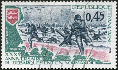 FRANCE - 1974: shows Americans Landing in Normandy and Arms of Normandy, D-Day, 30th anniversary of...