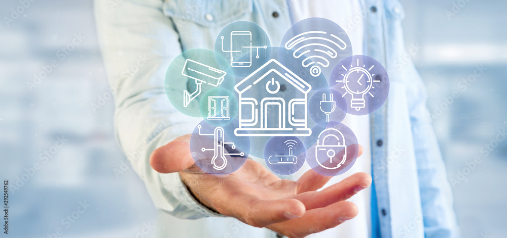 Poster businessman holding smart home interface with icon, stats and data 3d rendering