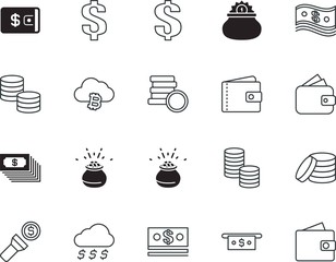 cash vector icon set such as: virtual, computer, collection, icons, torch, mining, presentation, light, hand, pocket, electronic, prosperity, treasure, communication, idea, bit-coin, digital, rain