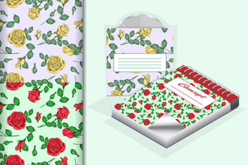 Two seamless backgrounds and pattern with a notebook and CD-drive layout design concept for fabric and print paper