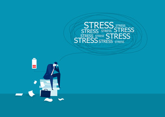 Vector illustration of businessman under stress on many paper. 