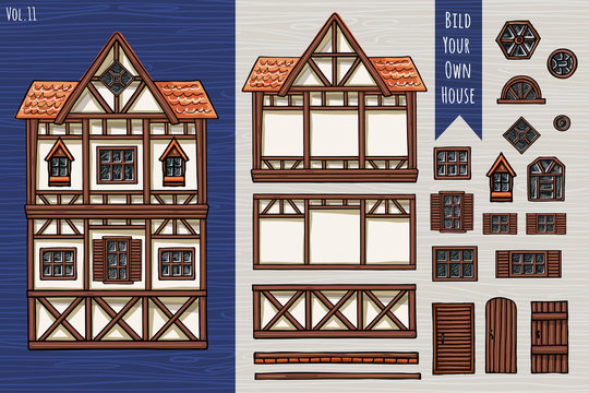 German houses, collection of elements, itemset, roof, windows, doors. Fahverk architecture cute style for postcard design posters background game children books. Hand drawn vector illustration.