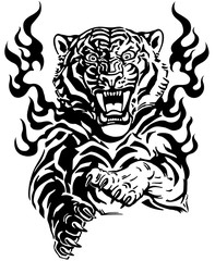 Roaring tiger in tongues of flame. Angry wild big cat. Front view. Black and white tattoo style vector illustration