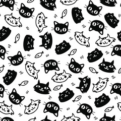 Seamless Pattern Handdrawn Cute Cats, Cartoon Animals Background, Vector Illustration