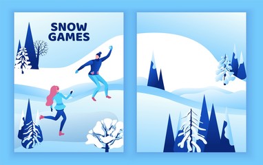 Winter greeting card, isometric people, man and girl playing snowballs, snowman, happy romantic couple, 3d vector sport family playing, outdoor activity, snow games, simple cartoon characters, design
