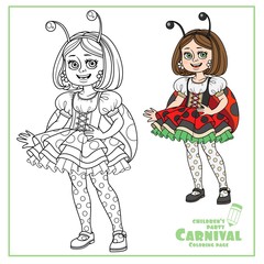 Cute girl in carnival costume of ladybug color and outlined for coloring page