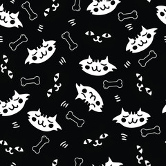 Seamless Pattern Handdrawn Cute Cats, Cartoon Animals Background, Vector Illustration