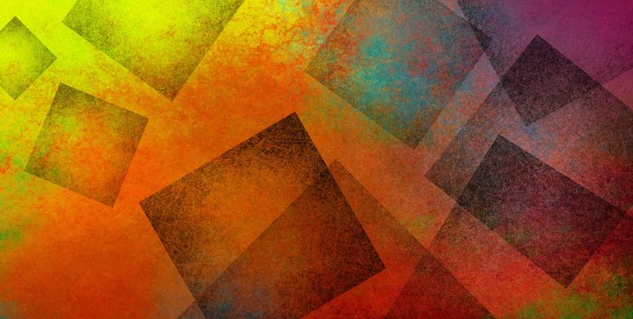 Colorful abstract modern background with texture in geometric black square shapes layered in artsy creative pattern design in bright orange red yellow purple blue and green