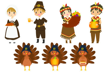 Cute Thanksgiving characters and turkeys vector collection. Thanksgiving pilgrim, native and cute turkey cartoon vector 