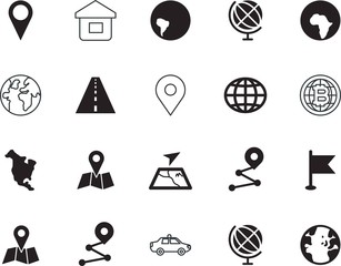 map vector icon set such as: africa, viewcar, cash, system, driverless, currency, digital, self, lock, shield, market, patrol, financial, icons, race, city, pennant, commerce, money, position