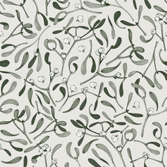 Christmas seamless pattern with mistletoe plant  botany illustrations on grey background
