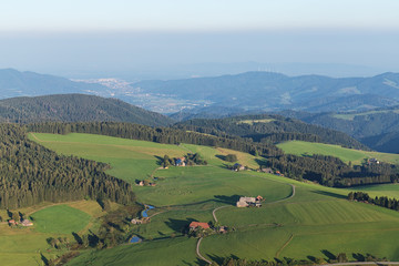 Amazing landscape of the Black Forest in the morning with fog during sunrise, seen from a hot-air ballon, Hinterzarten, Germany