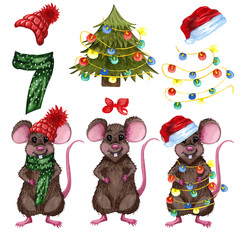 Little Mouse set. a scarfs and red Christmas hat, evergreen tree, lights. Cute cartoon animal rat or mouse. Watercolor hand drawn illustration. Christmas and New Year card.  2020
