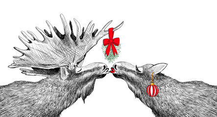 Funny Christmas Card with moose kissing under mistletoe in humorous fun  holiday design. Hand drawn animal sketch for party invitations or border illustration. Festive characters in cute image scene.