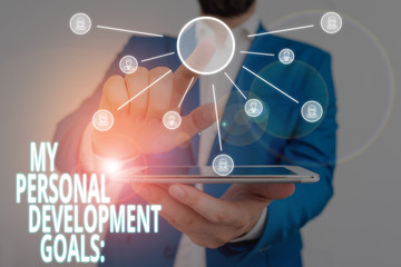 Word writing text My Personal Development Goals. Business photo showcasing Desires Wishes Career Business planning Male human wear formal work suit presenting presentation using smart device