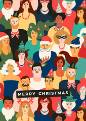 Christmas and Happy New Year illustration with people in carnival costumes.