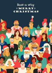 Christmas and Happy New Year illustration with people in carnival costumes.
