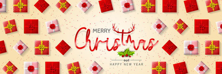 Merry Christmas and happy new year with Creative Christmas tree, fir branches, pine cones, gift boxes, holly, and string lights. Christmas greeting card vector design.