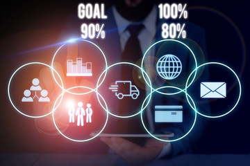 Conceptual hand writing showing Goal 100 Percent 90 Percent 80 Percent. Concept meaning Percentage of your objectives fulfilment success level Male wear formal suit presenting presentation smart