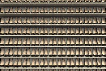 Many black women’s high-heeled shoes with a pointed toe stand in a row on the shelves. The similar monotonous pumps shoes in a classic style. Creative conceptual illustration. 3D rendering.