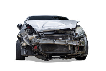 Front of gray color car damaged and broken by accident . Isolate on white background. Save with...