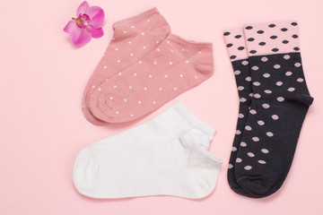 Women socks on pink background. Top view.