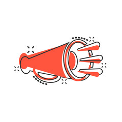 Megaphone speaker icon in comic style. Bullhorn vector cartoon illustration on white isolated background. Scream announcement business concept splash effect.