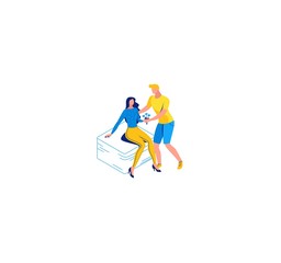 Romantic couple, 3d isometric people, man gives flowers to woman, present, gift, blue, yellow, 3d isometric vector illustration