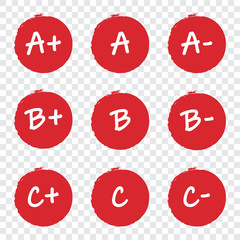 Set of grade result red circles on a transparent background