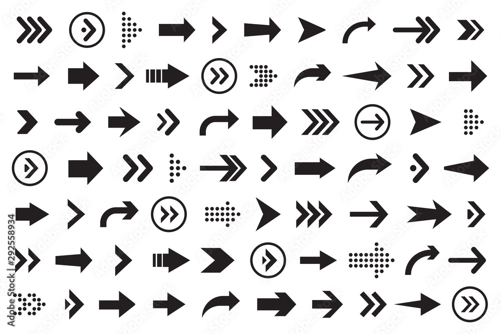Poster Set of arrows collection in black color on a white background for website design