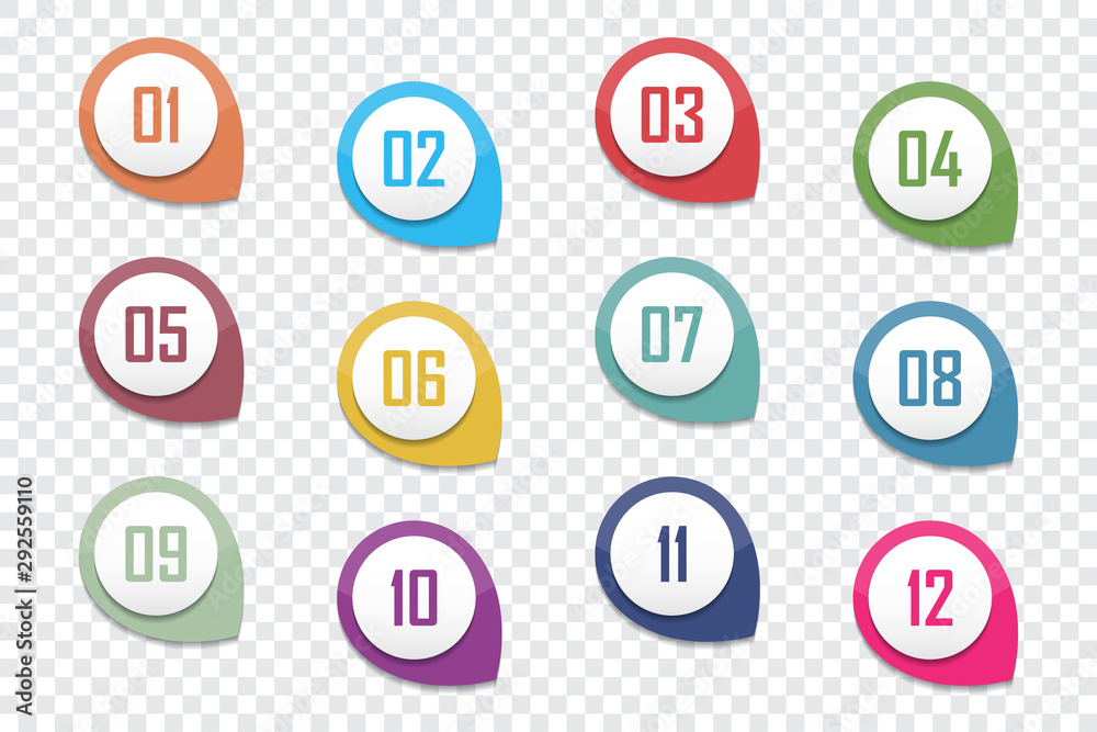 Aufkleber set of number bullet point 1 to 12. vector illustration