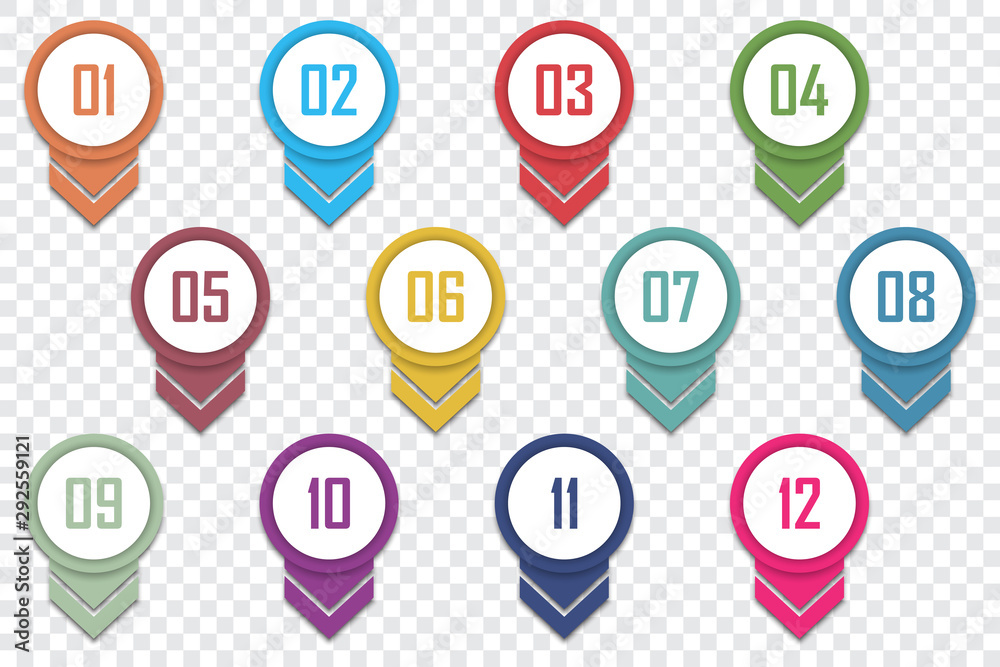 Aufkleber set of number bullet point 1 to 12. vector illustration