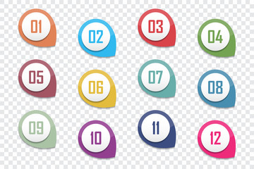Set of number bullet point 1 to 12. Vector illustration