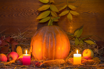 Naklejka na ściany i meble autumn harvest, still life with ripen pumpkin, apple, corn, dry grass, candle and autumn leaves