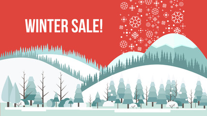 Winter sale social network banner or flayer. Red background with forest and mountains