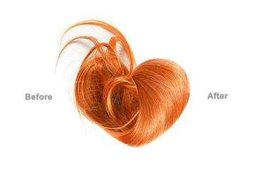 Red hair in shape of heart before and after brushing, isolated on white background. Haircare procedure concept