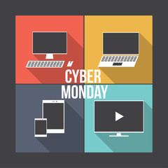 Cyber Monday Sale promotion. Flat design with modern Devices, Computer, laptop, tv, tablet with  text on background.