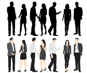 Silhouettes of men and women standing, cartoon character, group business people, vector illustration, flat designe icon, isolated on white background