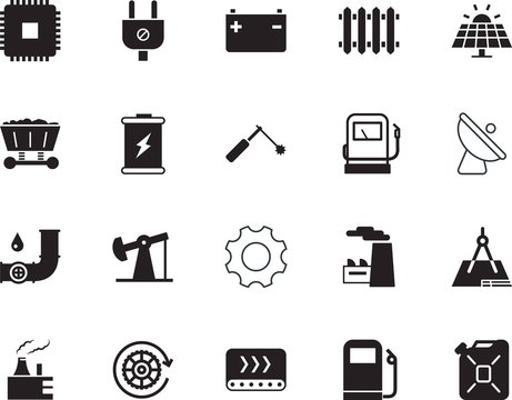factory vector icon set such as: pipeline, repair, transport, cable, canister, antenna, liquid, automatic, radiator, metallic, drafting, pumpjack, chimney, renewable, hardware, reactor, package