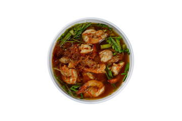Sour soup with shrimp and water mimosa isolated on white background