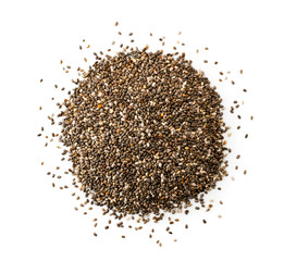 Pile of chia seeds on a white background. The view of the top.