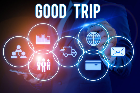 Word writing text Good Trip. Business photo showcasing A journey or voyage,run by boat,train,bus,or any kind of vehicle Male human wear formal work suit presenting presentation using smart device